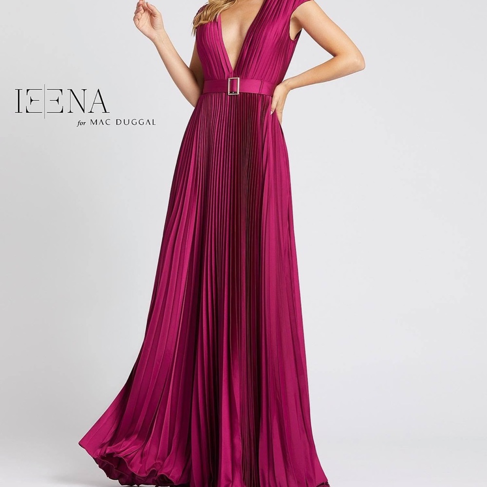 ieena by mac duggal satin cap sleeve pleated gown